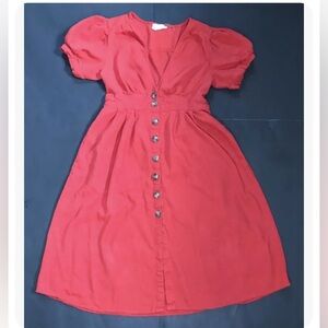 Loveriche Deep V-Neck Orange Button Down Dress XS S Cottagecore Retro Mod